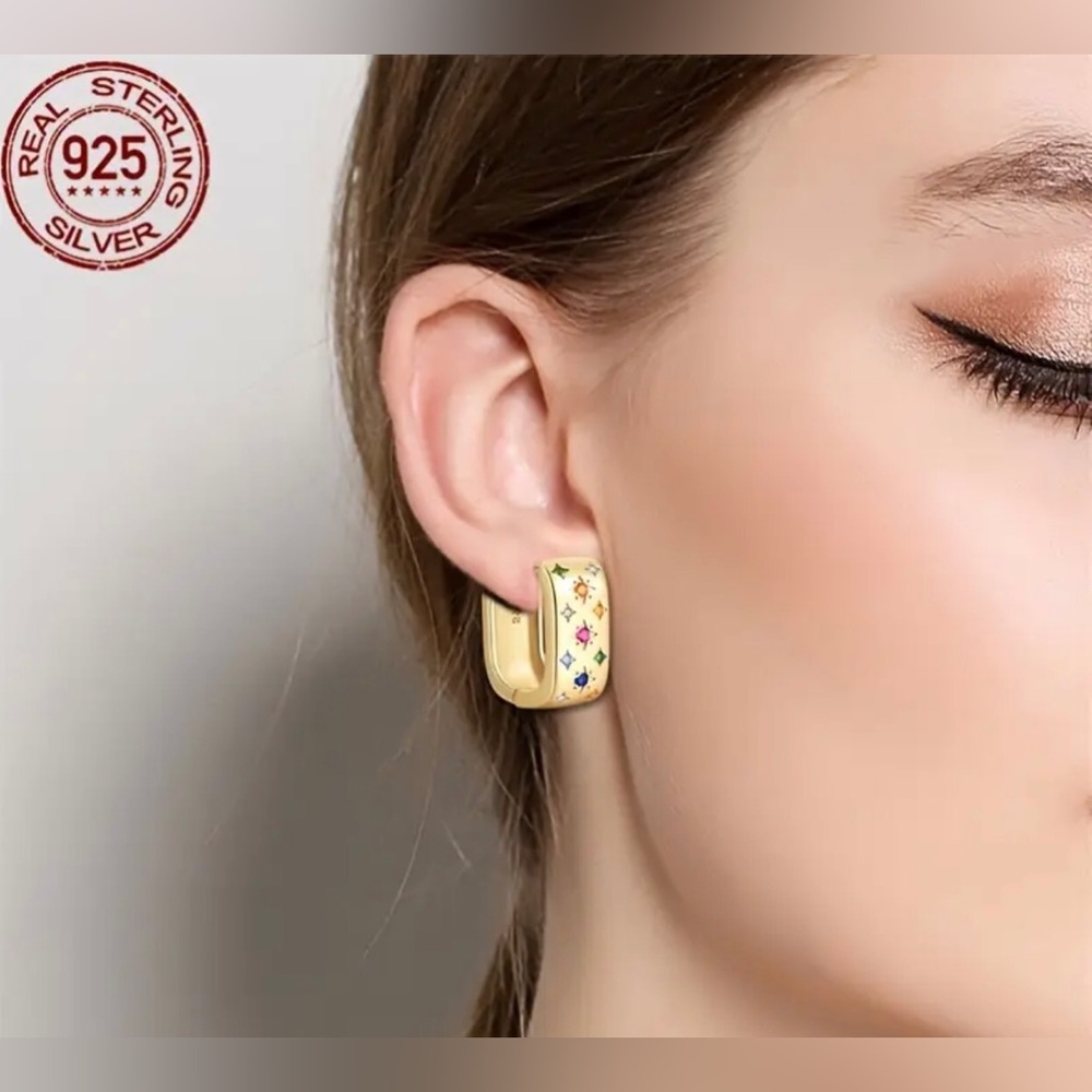 Gold S925 Silver Celestial Star Pattern Huggie Ho… - image 4